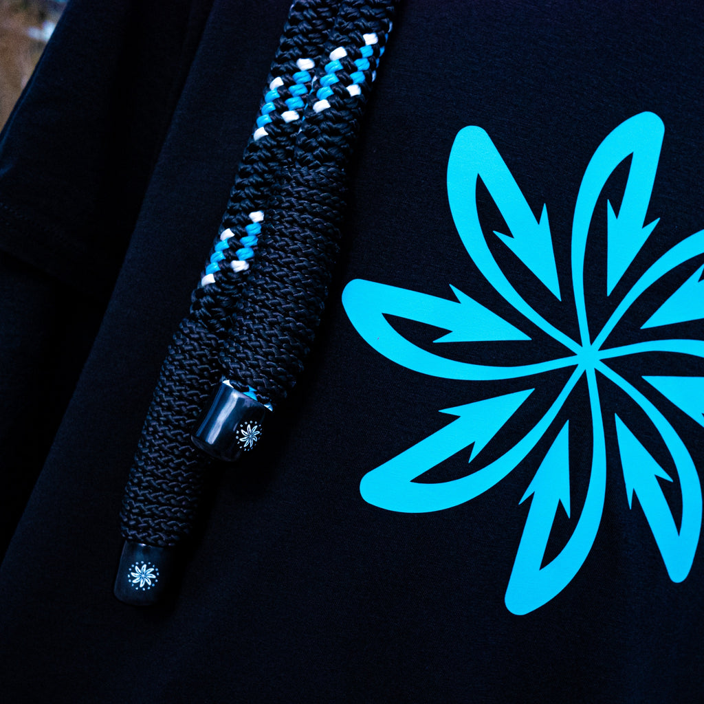 The handles of the Good Flow Milano's Australiana rope, showing the light blue and white details against a dark background, next to the blue logo.