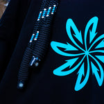 Load image into Gallery viewer, The handles of the Good Flow Milano&#39;s Australiana rope, showing the light blue and white details against a dark background, next to the blue logo.
